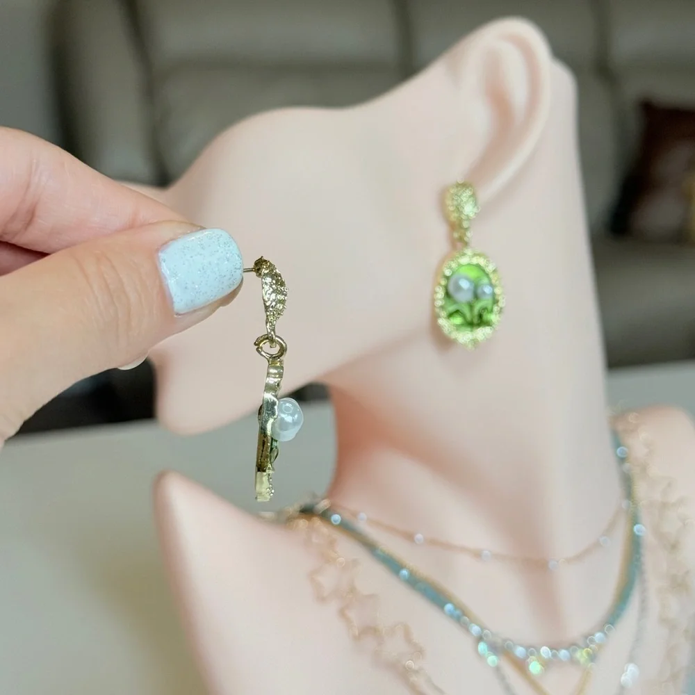 Gold-Tone Green Floral Pearl Drop Earrings